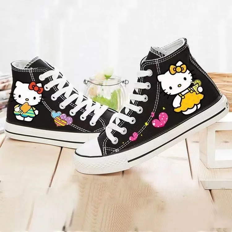 Hello Kitty Cat real photo black white 2025 new Autumn Winter Style High Top Casual Shoes for Female Students women flats shoes