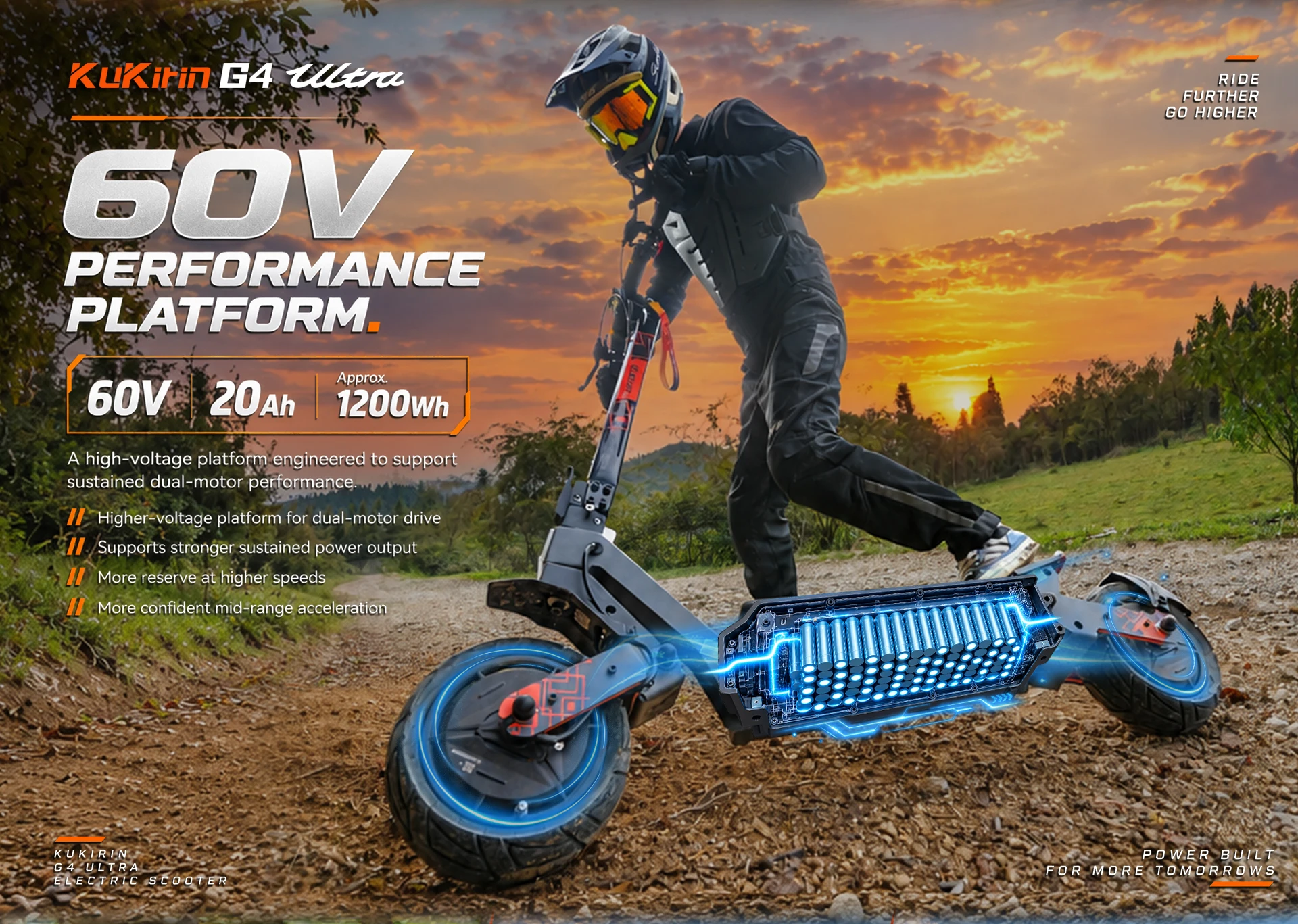 Monopattino elettrico KuKirin G4 Ultra, doppio motore con potenza massima di 1200 W (2400 W in totale), batteria da 60 V e 20 Ah, autonomia fino a 80 km, velocità massima di 70 km/h, pneumatici da 11
