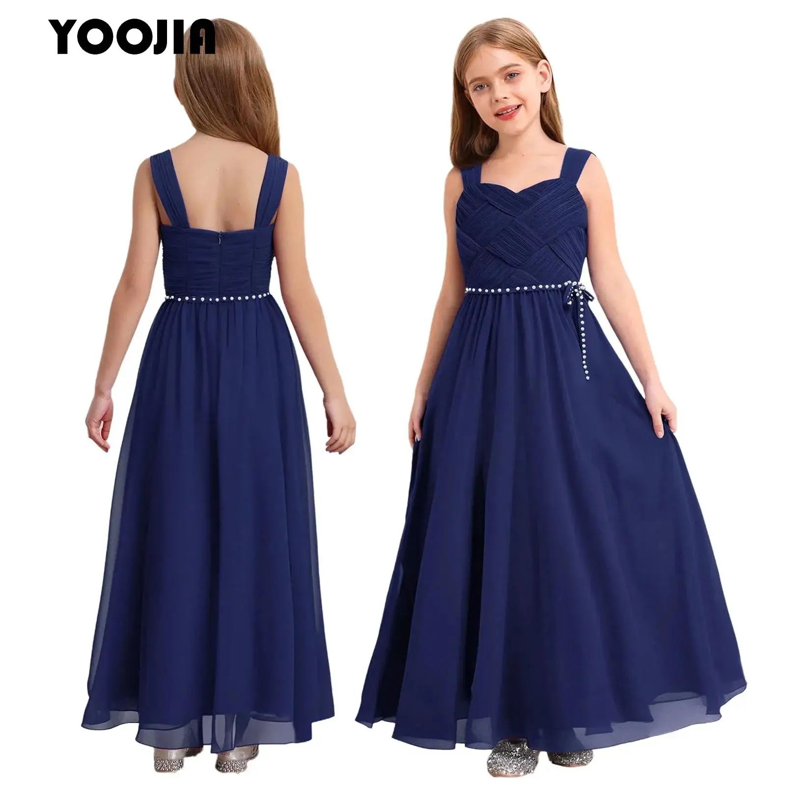 Long Chiffon Bridesmaid Evening Dress for Kids Flower Girls Spaghetti Strap Pleated High Waist Festive Wedding Party Ceremony