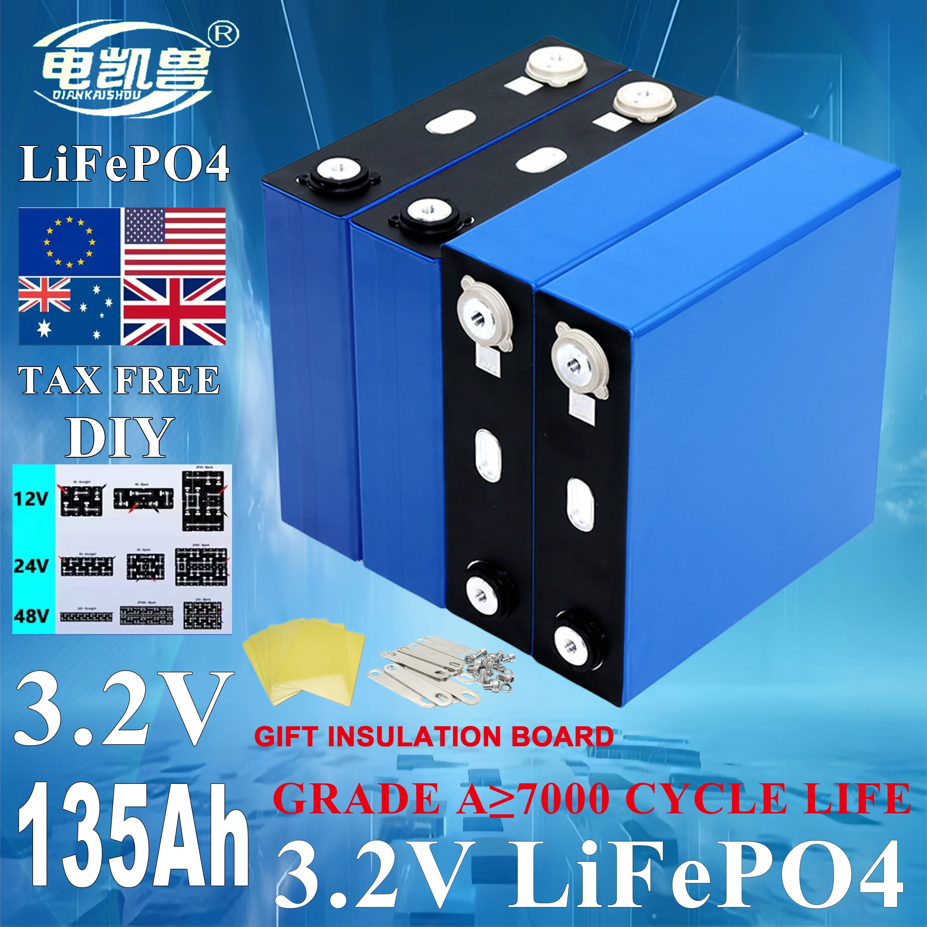 

Brand-new Grade A 3.2V 135Ah LifePO4 Battery 7000 Cycle Rechargeable Bateriais DIY 12V 24V48V for RV EV Boat Solar Cell tax-free