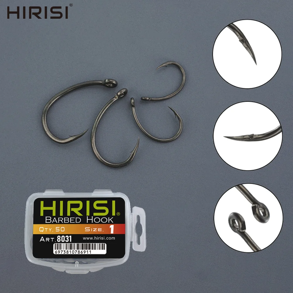 Hirisi 50pcs PTFE Coated Fish Hook High Carbon Stainless Steel Anti-Rust Sharp Point Barbed With Eye for Fishing Accessorie 8031