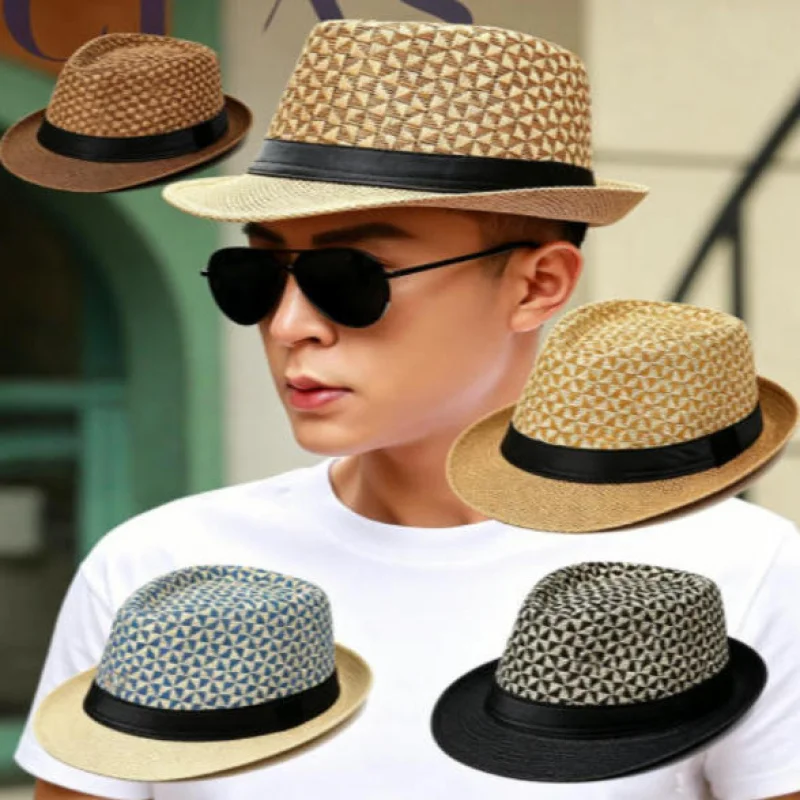 Men's Woven Paper Straw Fedora Two Color Triangle Check Panama Hat Rolled Brim Summer Sun Cap for Beach
