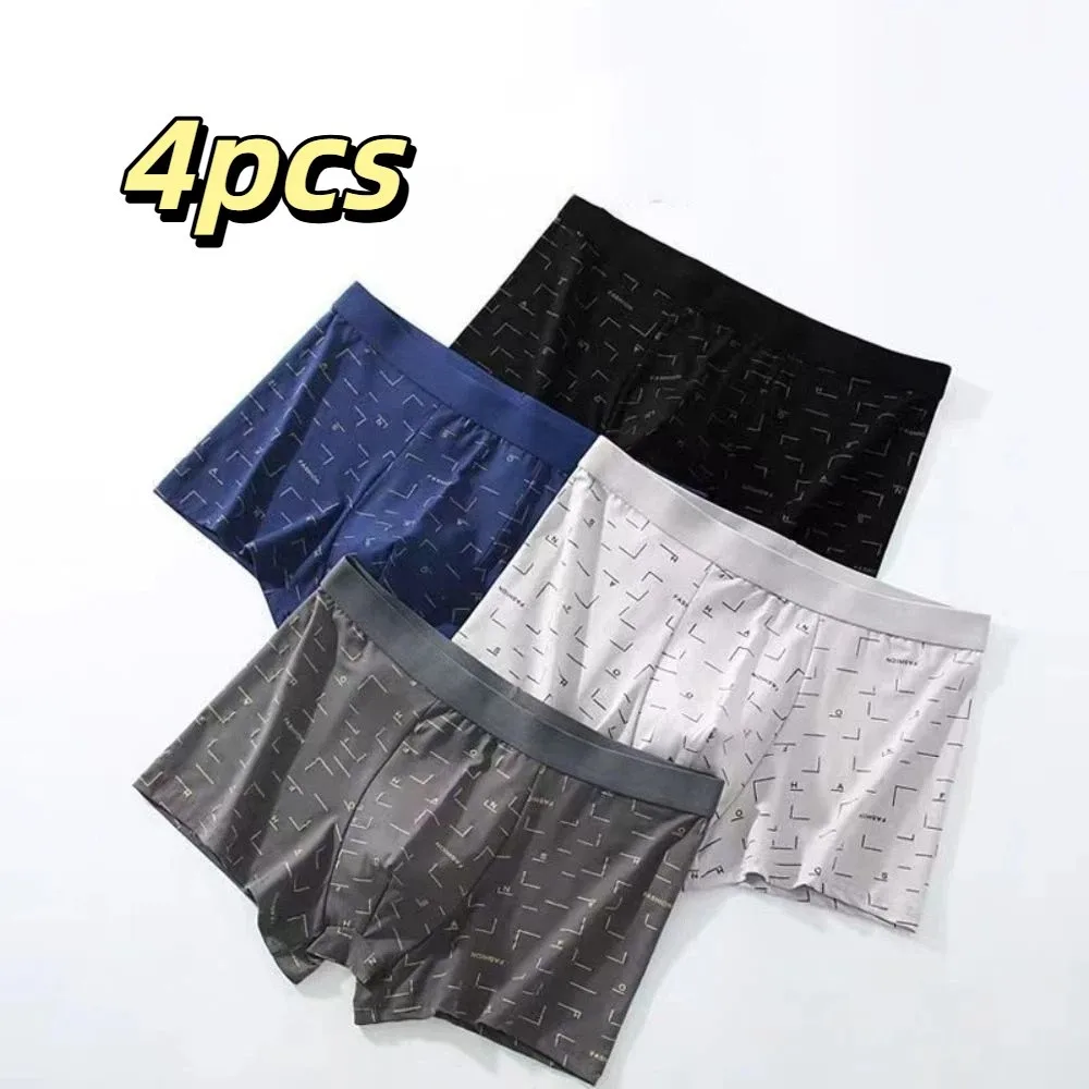 

4Pcs Stripe Letter Men's Flat Panties Large Size Seamless Simple Boxers Shorts Mid Waist Underpants Underwear for Men Gifts