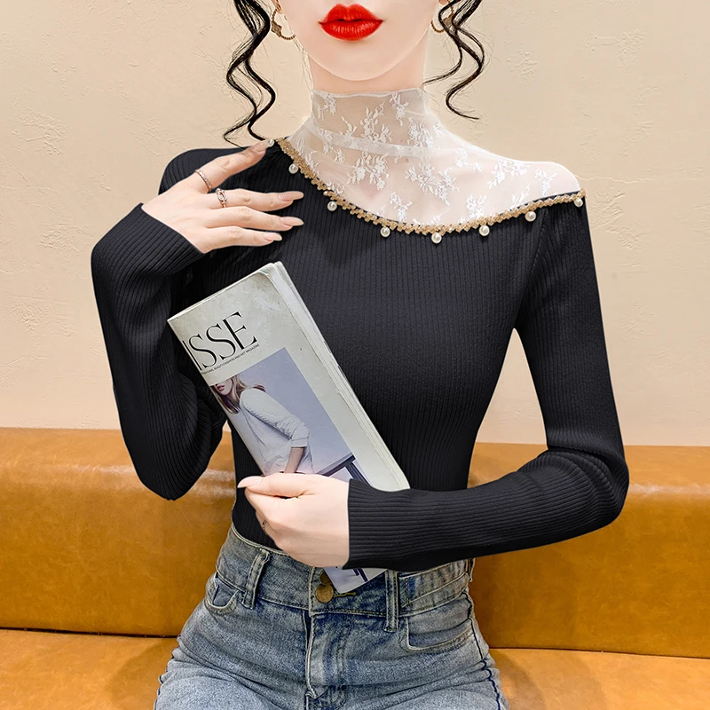 

Элегантная модная женская лоскутная кружевная вязаная рубашка, водолазка, пуловеры из бисера, свитер, осень-зима, тонкий трикотаж с длинными рукавами