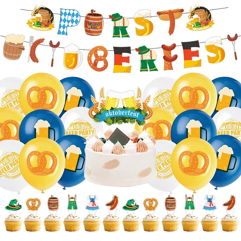 Oktoberfest Theme Banner Paper Glasses Beer Carnival Festival Cake Topper Balloon for Adult Boy Happy Birthday Party  Decoration