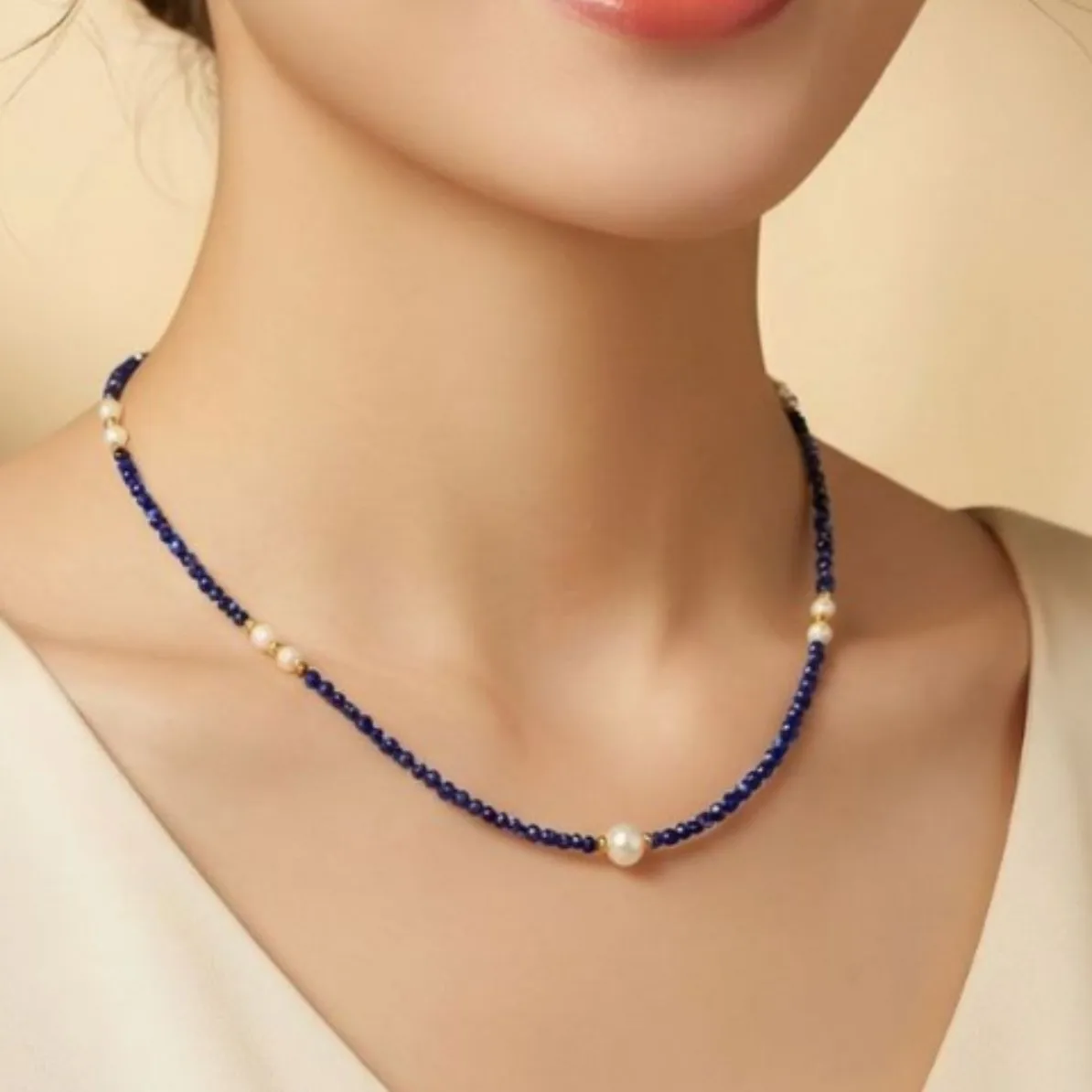 Korean niche design faceted lapis lazuli beaded freshwater rice grains small pearls extremely fine simple temperament short neck
