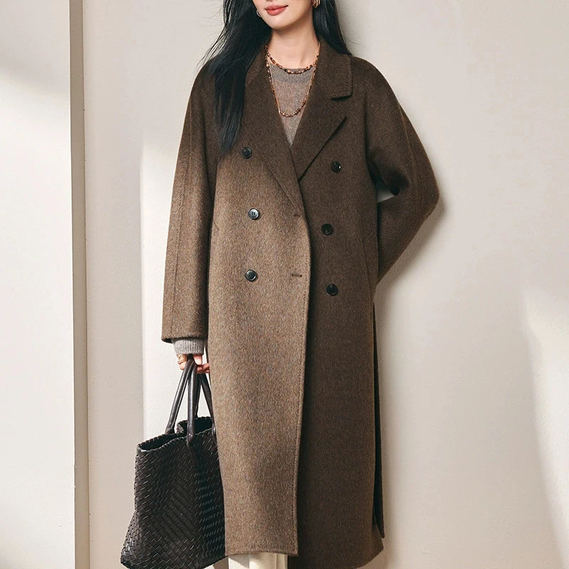 معطف صوف مزدوج الوجه 100% للنساء شتوي أنيق بأكمام طويلة وياقة على شكل طية صدر السترة للسيدات ملابس خارجية مستقيمة مزدوجة الصدر من الصوف