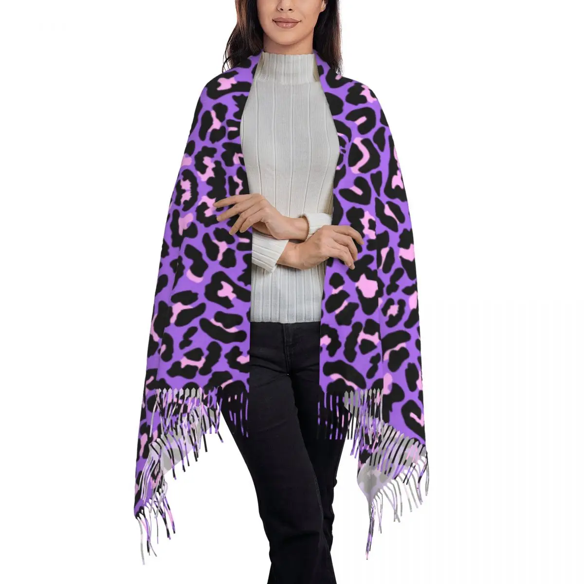 Neon Purple And Pink Leopard Seamless Pattern Scarf Women Fashion Winter Shawl Wraps Animal Cheetah Tassel Wraps