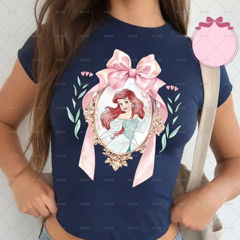 Pink Coquette Bow Disney Princess Baby Tee Crop Top New Disney Girl Princess Women's Croptop Cinderella Rapunzel Moana T-shirt