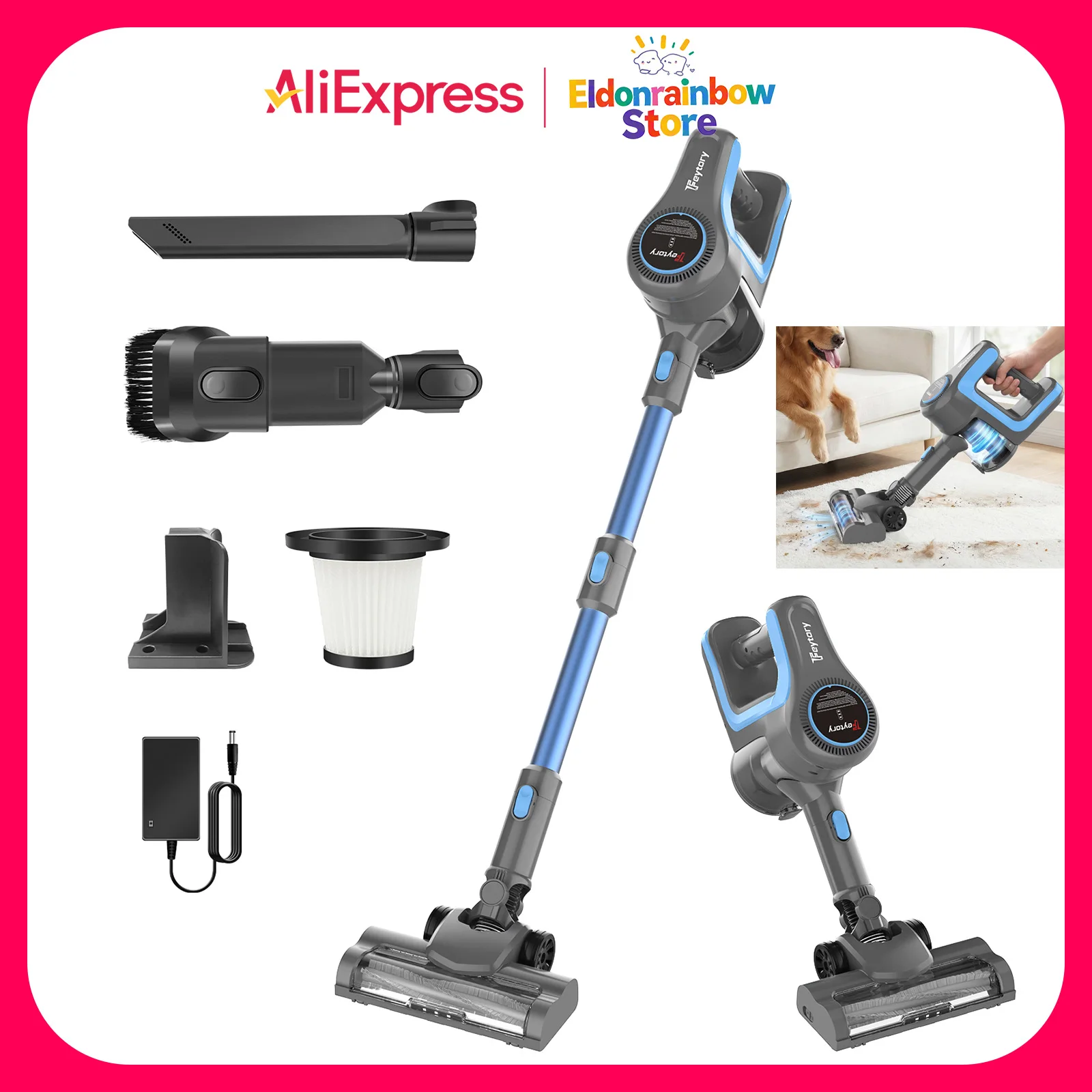 Cordless Vacuum Cleaner Blue 140W Motor 0.4L Dust Cup Wall Mounted Rechargeable Vacuum for Hard Floor Carpet