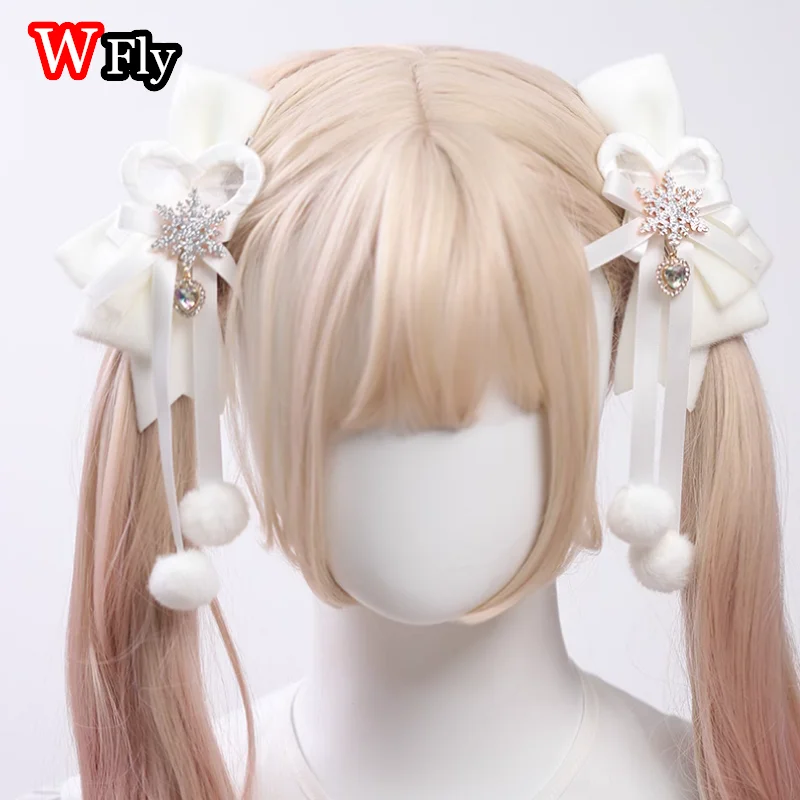 القوطية Harajuku Y2K فتاة لوليتا اليابانية الخريف/الشتاء ندفة الثلج زوج لطيف شعري مزدوج ذيل حصان خوذة مشبك شعر دبوس الشعر