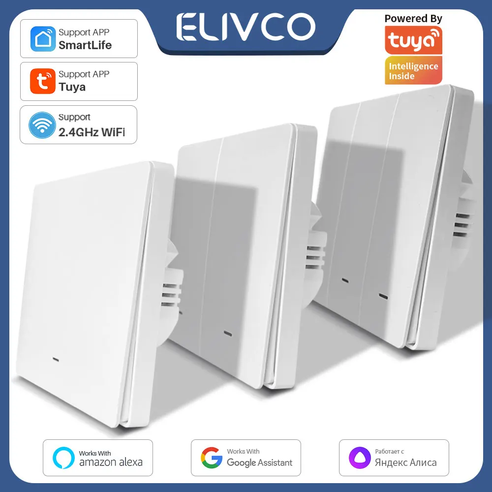 Tuya Smart WiFi Button Switch, sem fio neutro necessário, 1, 2, 3 Gang, Luz de parede, Casa inteligente, Suporte Alexa, Google Home, Alice