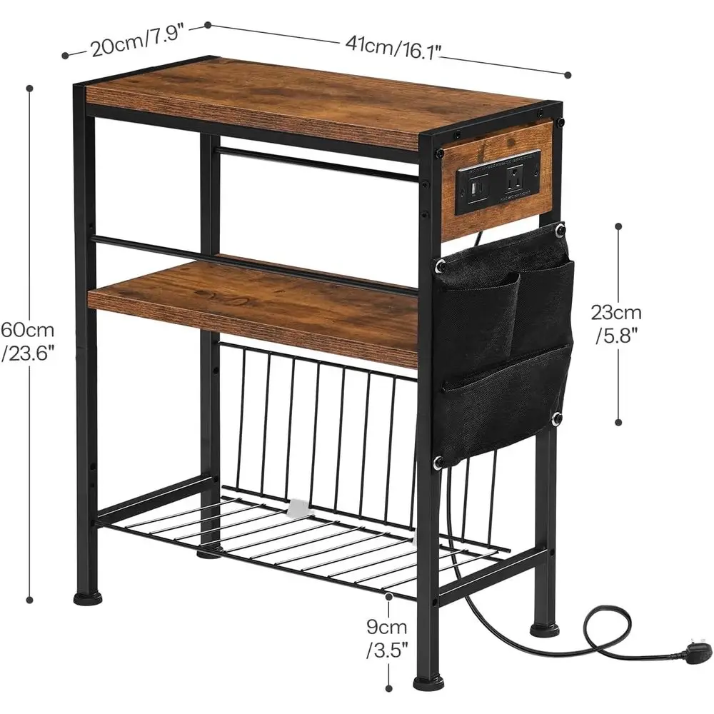 End Table with Charging Station, Small Side Table with Magazine Holder, Nightstand Bede Table, 3-Tier Storage Shel or Small Spac