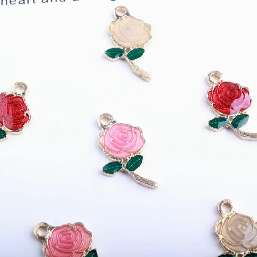 Rose with Branches Enameled Dark Green Leaves and Flowers Alloy Charm 13 * 20 Mm Necklace Pendants Jewelry Crafts 10PCS