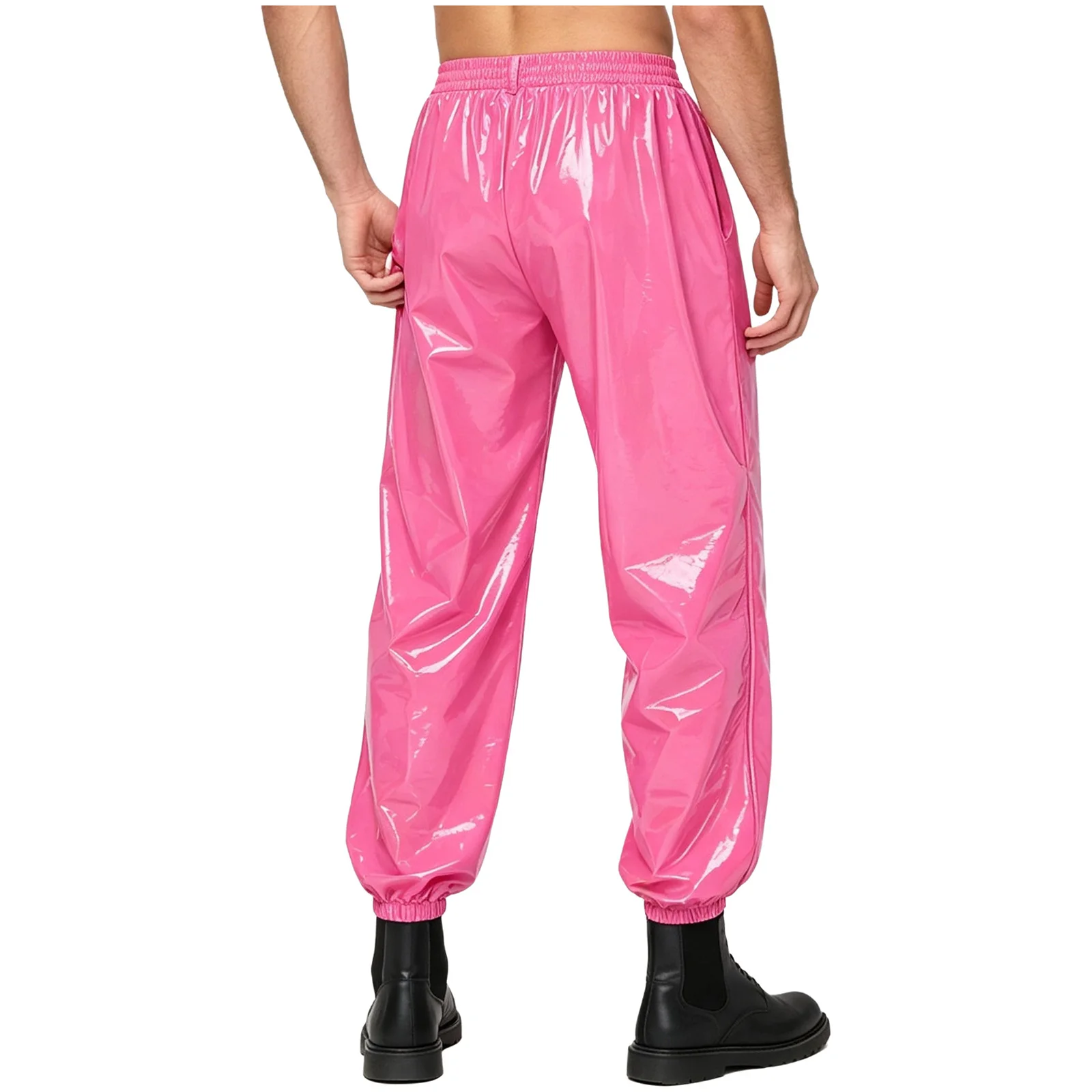 Men Glossy Patent Leather Jogger Pants Metal Chain Detail Elastic Waistband Long Pants Punk Trousers with Pockets Party Clubwear view 2