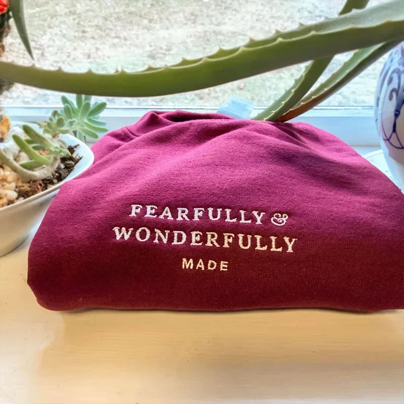 Fearfully and Wonderfully Made Christian Sweatshirt Embroidery Long Sleeve Loose Cotton Thick Crewneck Autumn Unisex Pullovers