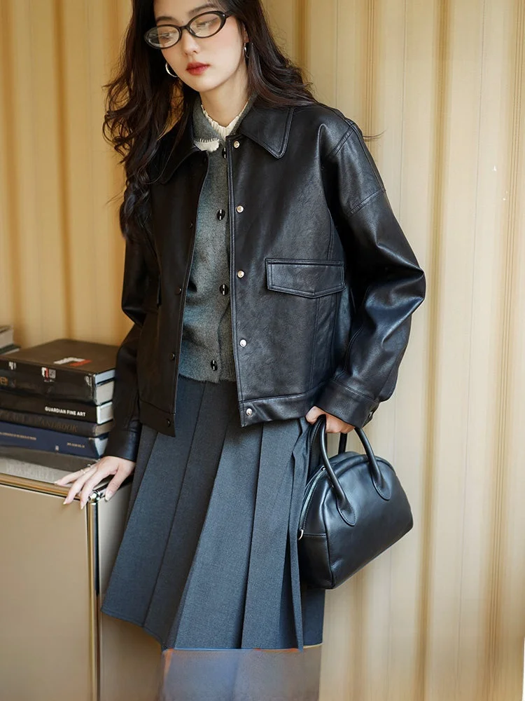 Giacca in pelle stile retrò da pilota/biker da donna, con spalle scese, vestibilità ampia, abbigliamento esterno corto, antivento, in PU, a maniche lunghe