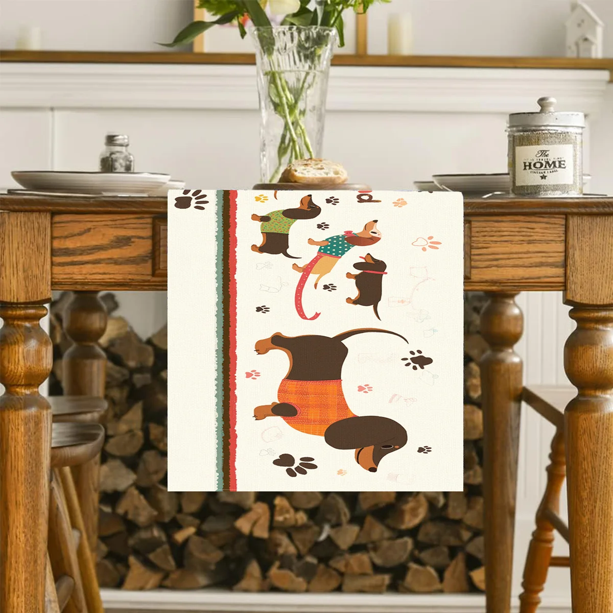 Charming Dachshund & Paw Print Table Runner - 
