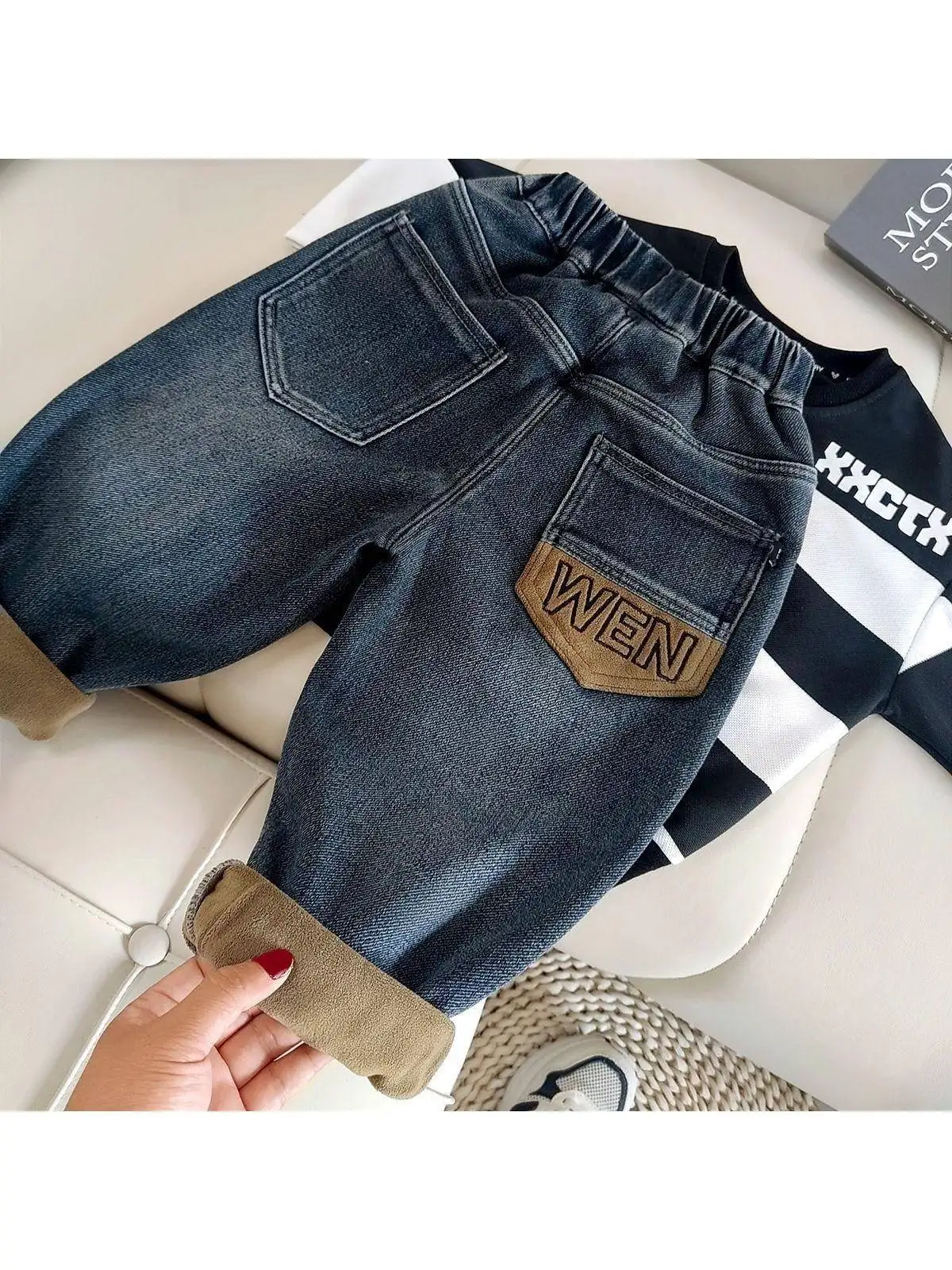 Korean Style Fleece Lined Thickened Kids Jeans Letter Embroidery Long Trousers Winter Fashionable Children's Clothing