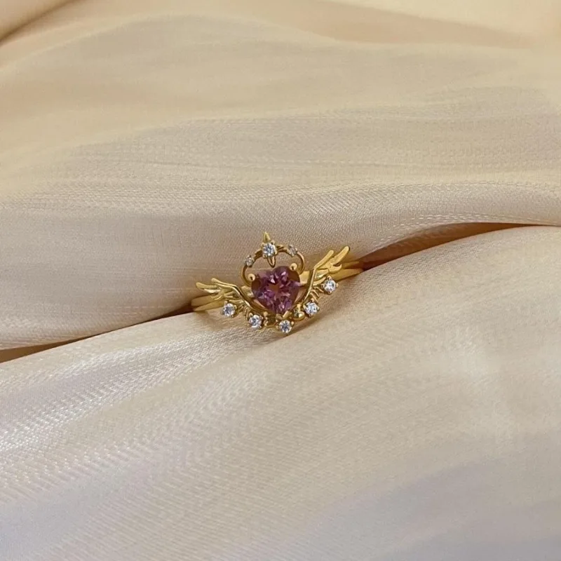 

Little Fresh Fairy Wind Magical Girl Wings Ring Adjustable Pink Zircon Set Love Ring Festival Gift Jewelry