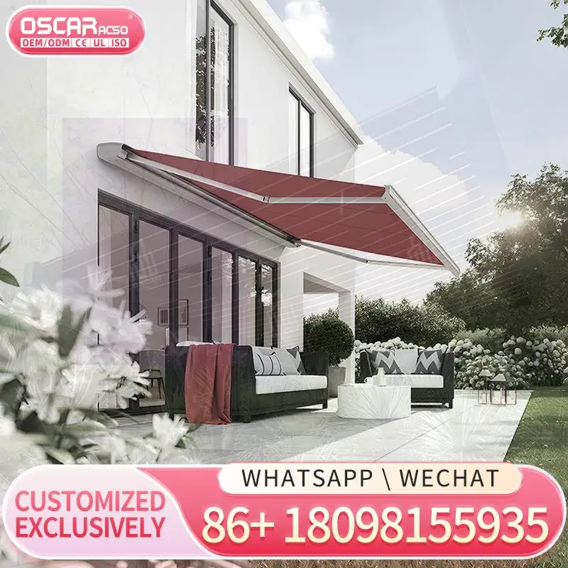 

Wall Mounted Waterproof Motorized Retractable Acrylic Full Cassette Led Lights Aluminum Folding Arm Patio Awning Outdoor Backyar