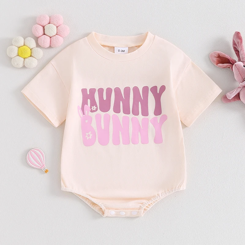 

BeQeuewll Infant Baby Easter Jumpsuit Letter Print Round Neck Short Sleeve Romper for Baby Boys Girls For 0-24Months