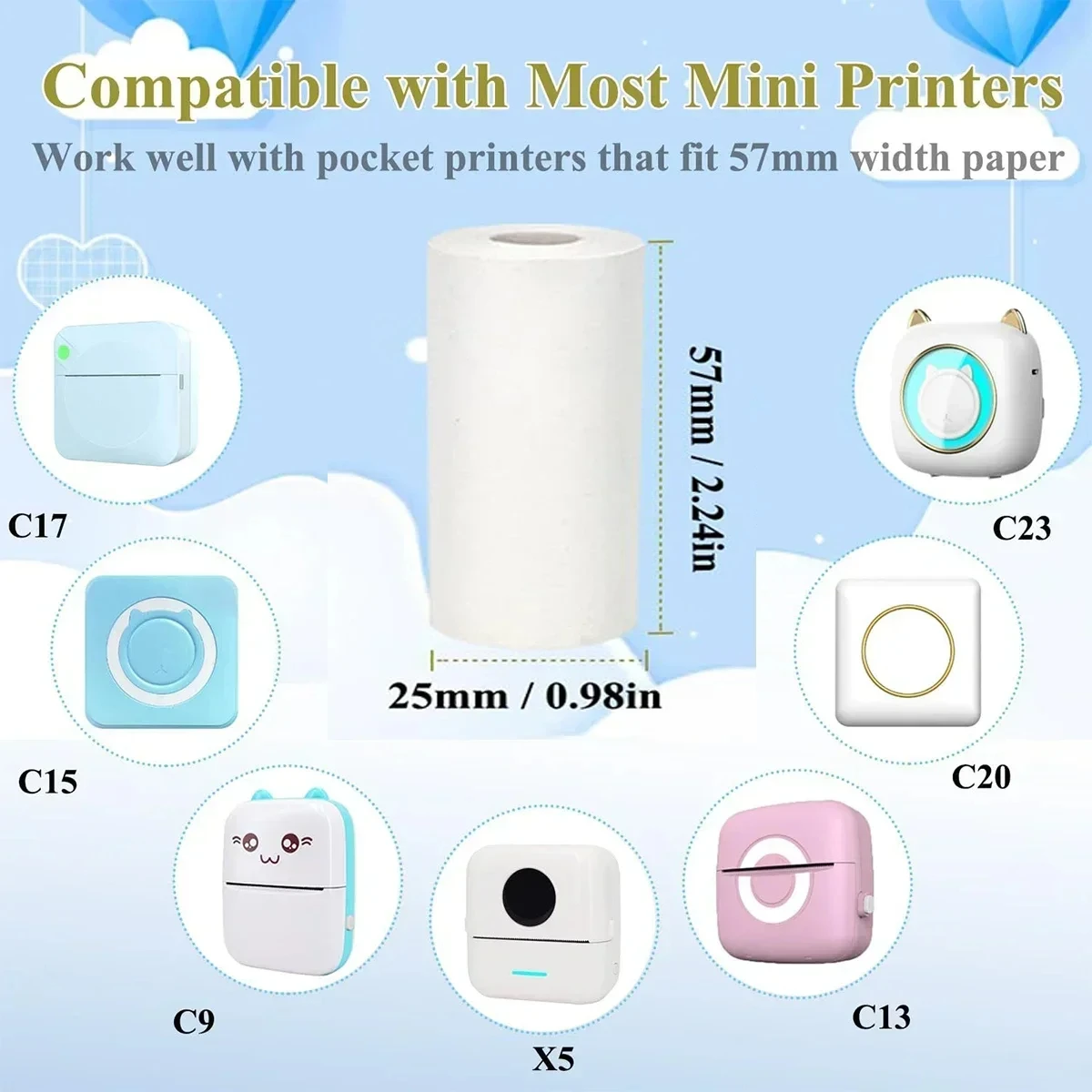 57mm White Sticky Receipt Paper Thermal Paper BPA Free Fit Mini Thermal POS Printer & Square Terminal Credit Card Machines