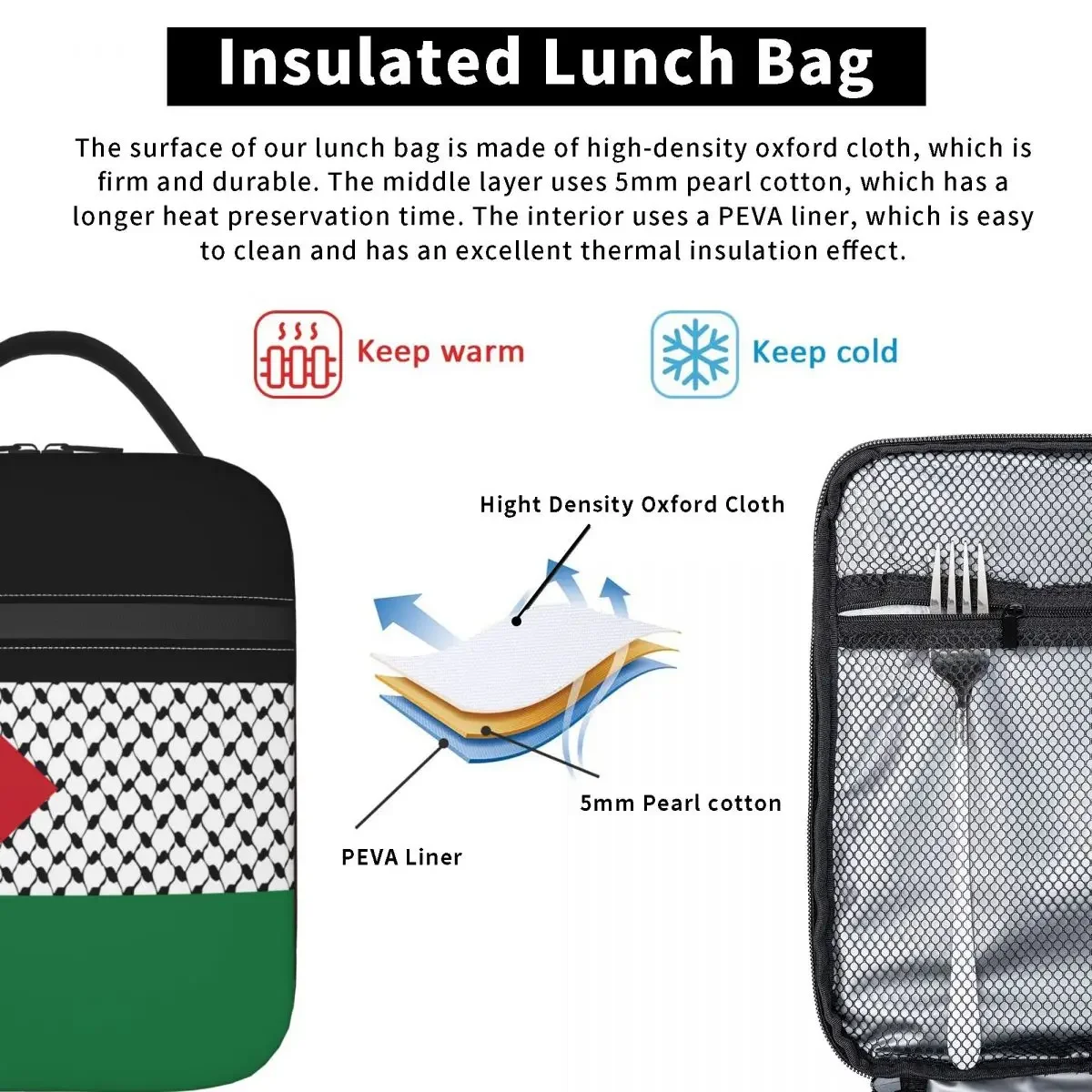 Palestine Flag Insulated Lunch Bag Cooler Bag Meal Container Palestinian Hatta Keffiyeh Large Lunch Box Tote Food Handbags Work