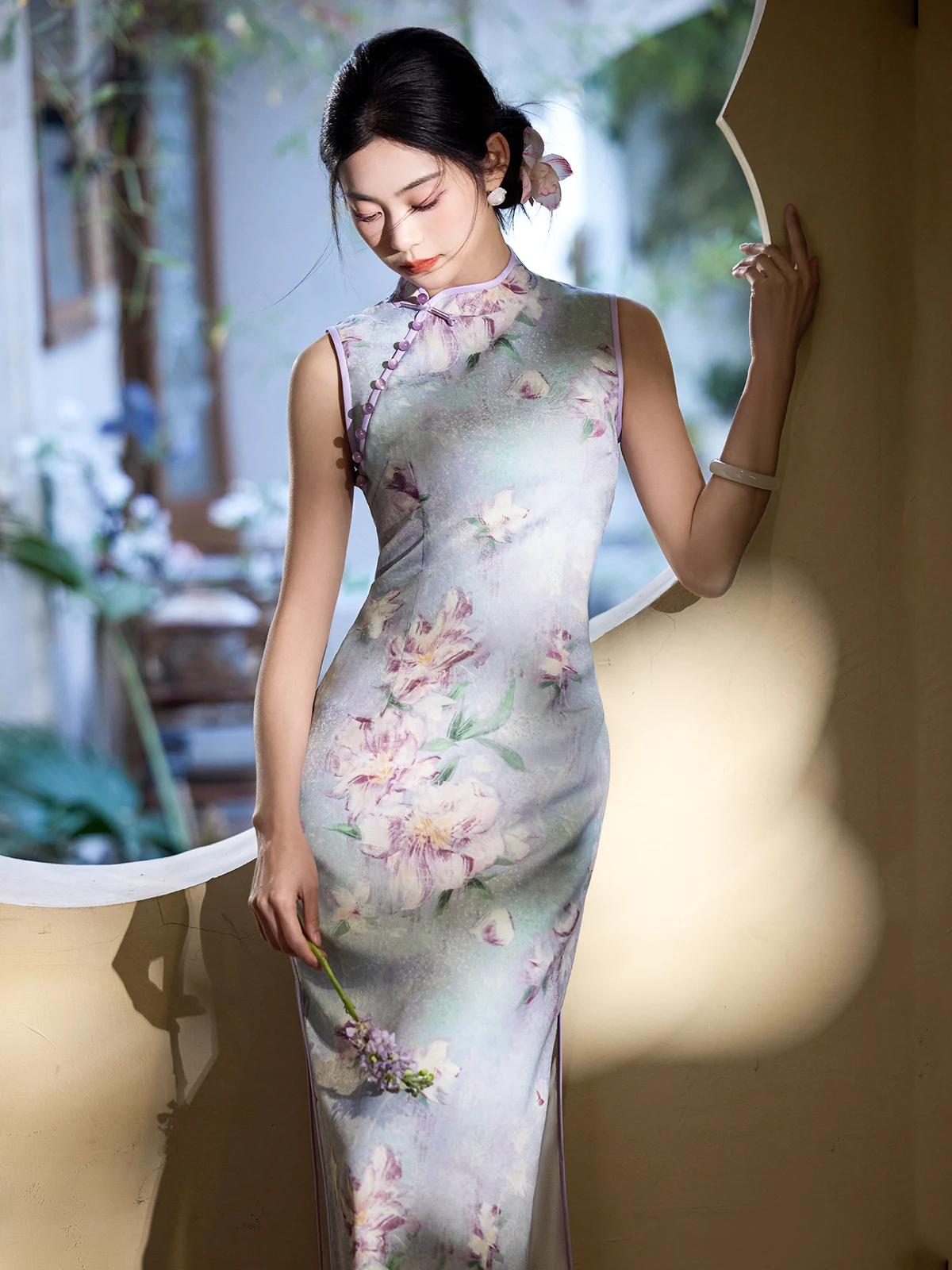 

Новое китайское повседневное рабочее платье для молодых девушек, весеннее, приталенное, с низким разрезом, дышащее, с цветочным узором