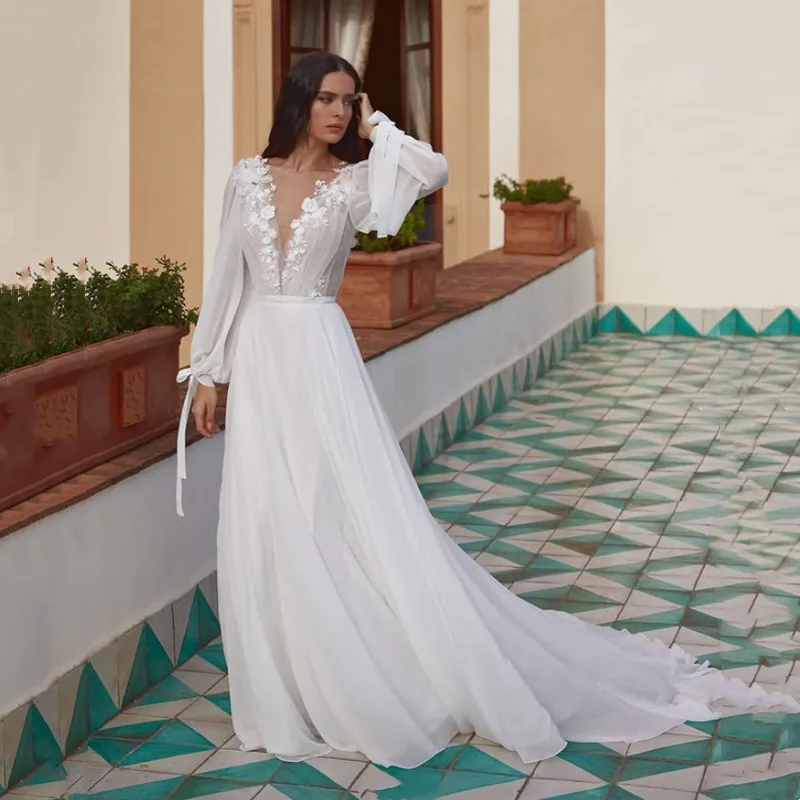 

Elegant A-Line Chiffon Ivory Wedding Dress Sexy Deep V-Neck Long Sleeves Pleats Appliques Modern Backless Sweep Train Customized