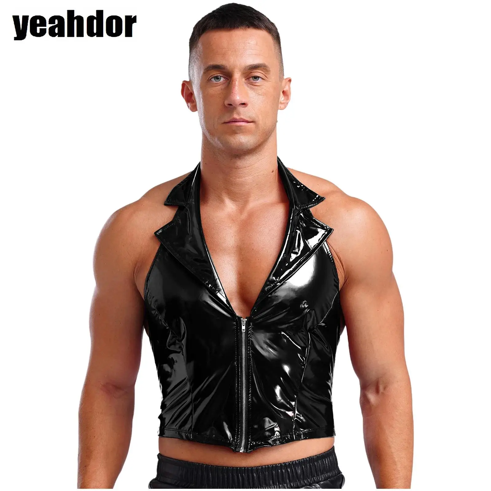 Mens Stylish Patent Leather Tank Top Wet Look Notched Lapel Sleeveless Front Zipper Vest Motorcycle Biker Waistcoat