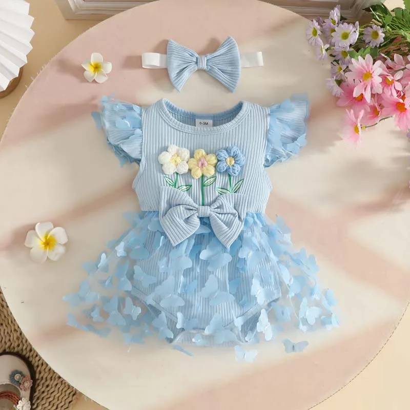 Newborn Baby Girls Clothing Set 0–18 Months Summer Sweet Floral Butterfly Jumpsuits Skirts+Headband Outfits