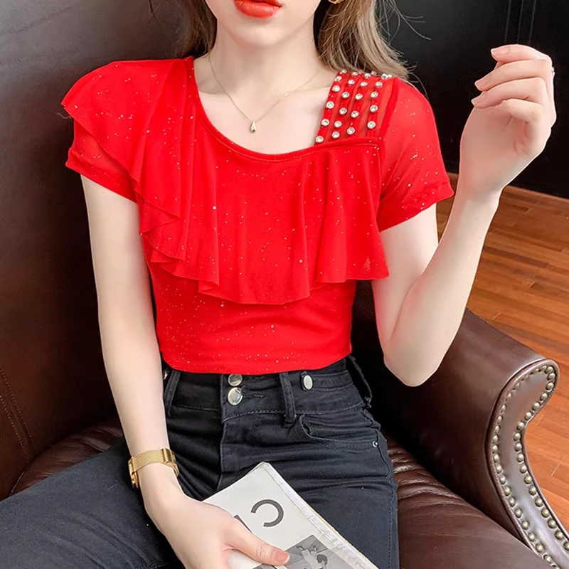 New Summer Femme Clothes Mesh T-Shirt Women Chic Sexy Off Shoulder TShirt Shiny Diamonds Tees Ruffles Patchwork Short Sleeve Top