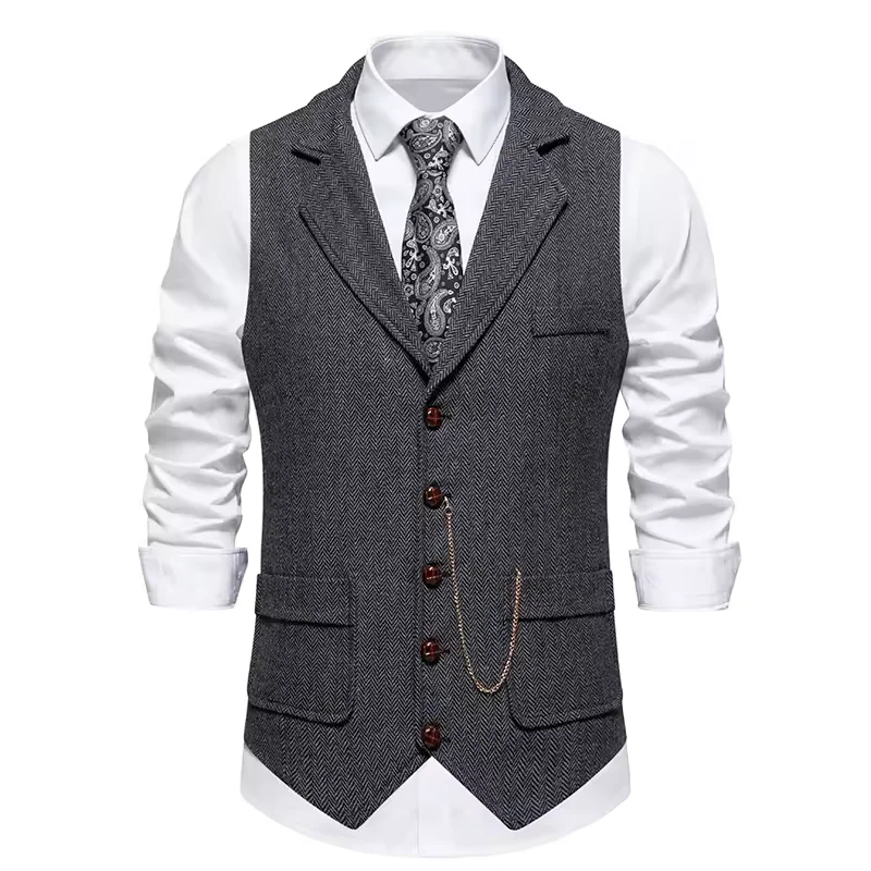 

Men's Retro Lapel Chain Vest Fashion Herringbone Coarse Tweed Pockets Suit Vest British Casual Vintage Gentleman Leisure Party