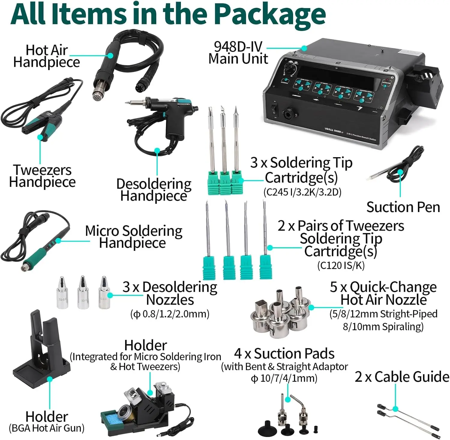 YIHUA 948D IV 5-IN-1 C245 Soldering Iron 1000W Hot Air Gun Micro Rework Desoldering Station With  Hot Tweezers Iron