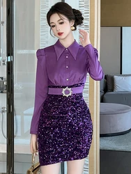 Fashion Fake 2 Piece Dress Women Elegant Luxury Purple Shiny Sequin Belt Single Breasted Short Gown Femme Party Vestido Spring