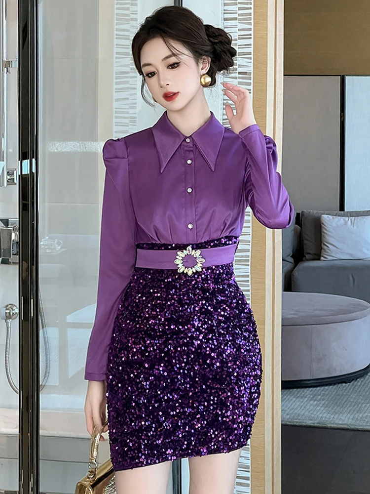 Celebrity Fake 2 Piece Dress Women Elegant Luxury Purple Shiny Sequin Belt Single Breasted Short Gown Femme Party Vestido Spring