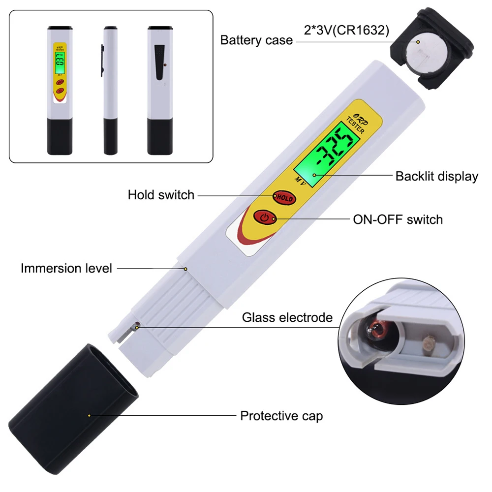 Redox Meter ORP Negative Potential Water Quality Tester Pen-Type Aquarium Water Tester Drinking Water Analyser ORP Meter