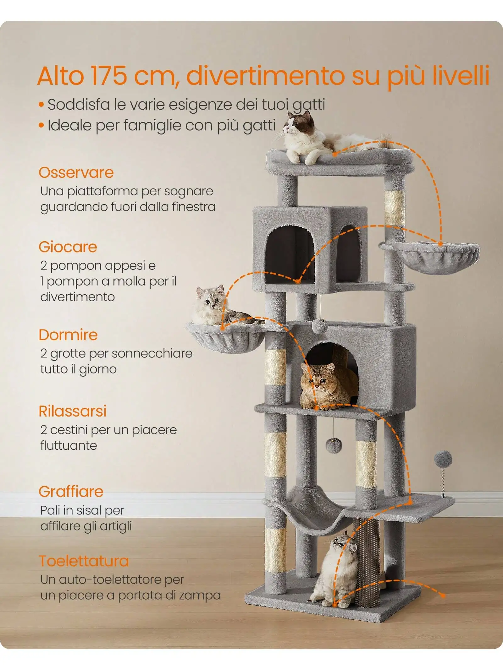 Feandrea 175cm Cat Tree: Tall tower with 2 caves, 2 baskets, 5 posts, self-groomer, perch, hammock, for indoor cats