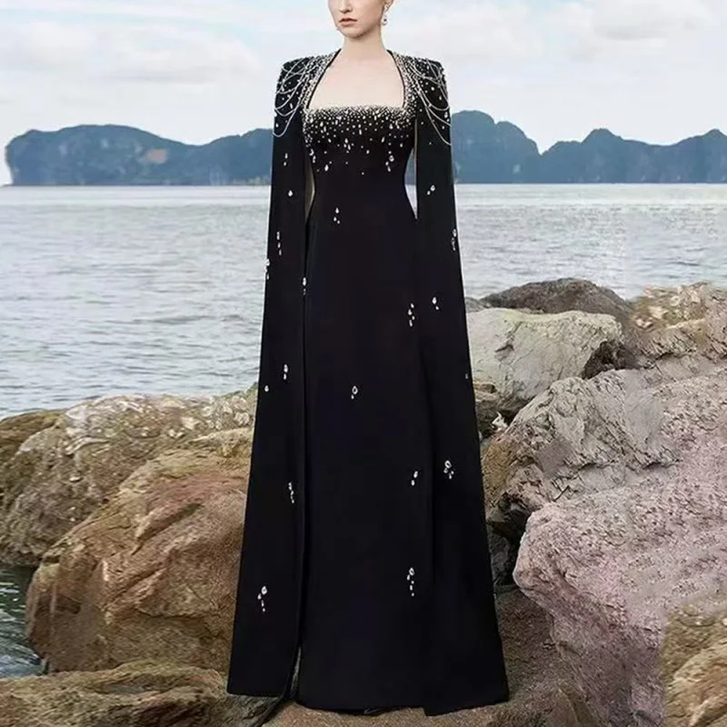 

European and American Socialite Ball Gown Evening Dress with Rhinestones and Beaded Cape Shawl Sleeves Elegant Bandage Dress