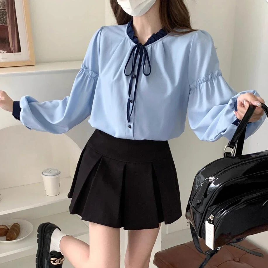 Francês doce camisas femininas o-pescoço rendas puff manga retalhos all-match estilo preppy topos jovem blusas macias feminino ins