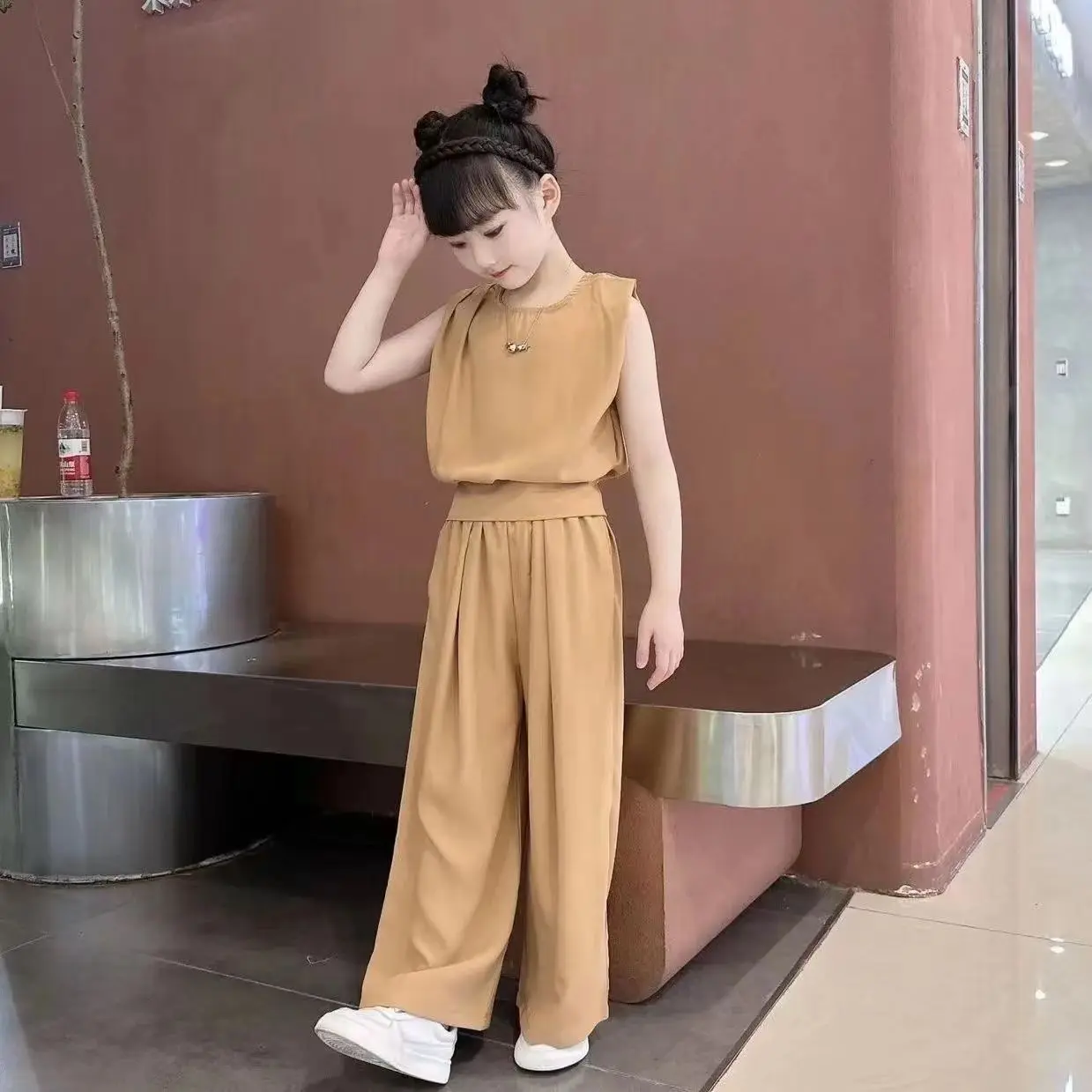 Summer 2024 Teen Girls Clothes Sets Children Sleeveless T-shirts + Wide Leg Pants 2PCS School Kids Clothing Suit 8 10 12 14 Year