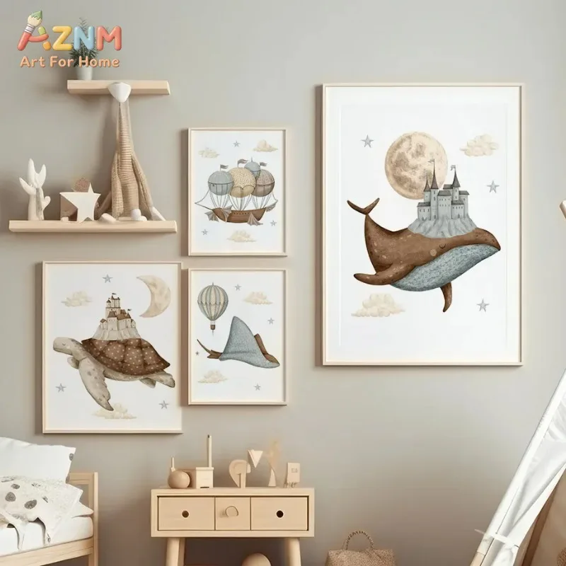 Neutral Fairy Tale Canvas Wall Art Whale Turtle Castle Hot Air Balloon Print Nursery Baby Room Decor Unframed