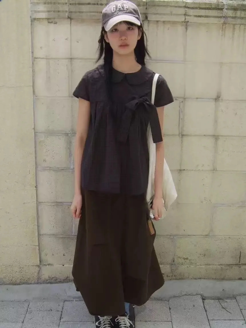 

Retro Dongda Gate Paraso Light ort Sve irt Baby Collar Plaid Cotton Casual Women's irt Anti-Uv Summer Faion