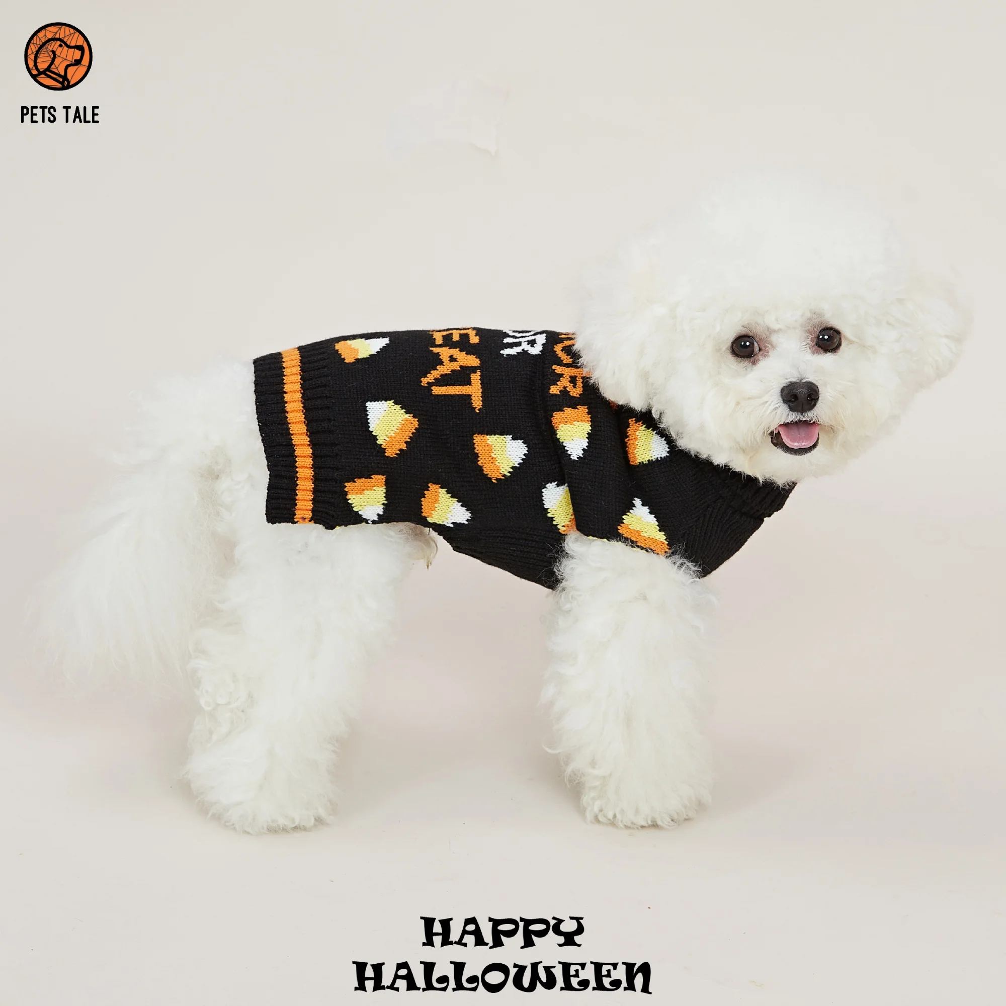 Halloween Trick or Treat Knitted Sweater Jacquard D-Ring Hole Design and Double Layered Collar