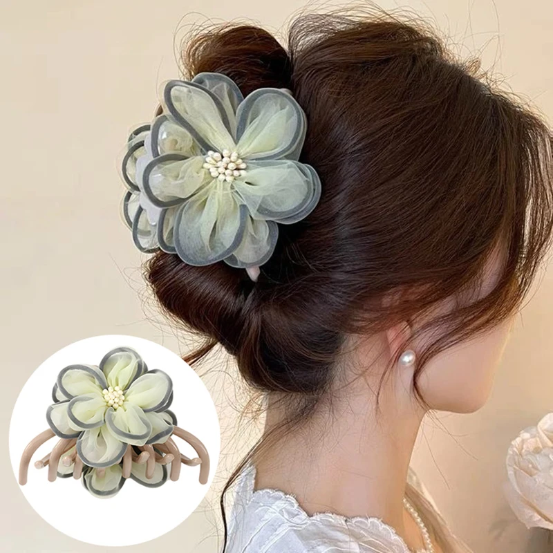 Mesh Flower Hair Clips Hair Grabbing Camellia Flower Flower Hair Claws Headwear Hair Accessories