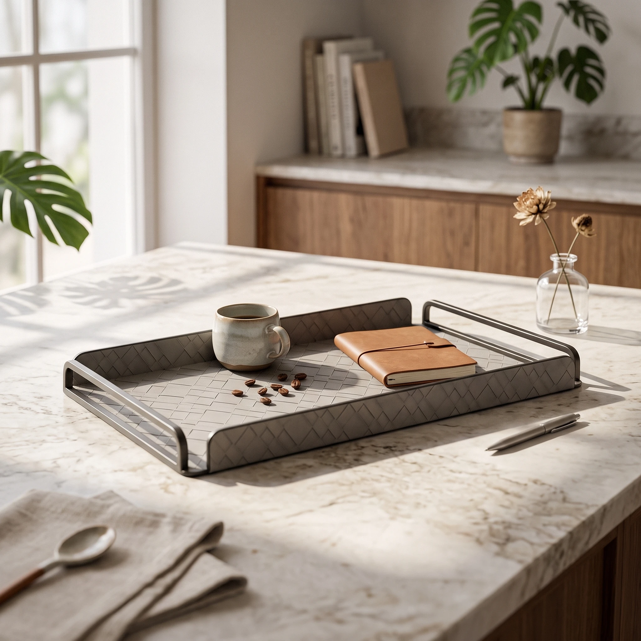 Plateau de service avec poignées, plateau tissé avec poignées, géométrique moderne pour table basse, salon