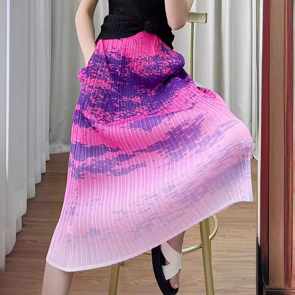 

Miyake Pleated Skirt Women's 2024 Summer New Style High-waisted Temperament Slimming Slit Fashionable Mid-length Printed Skirt