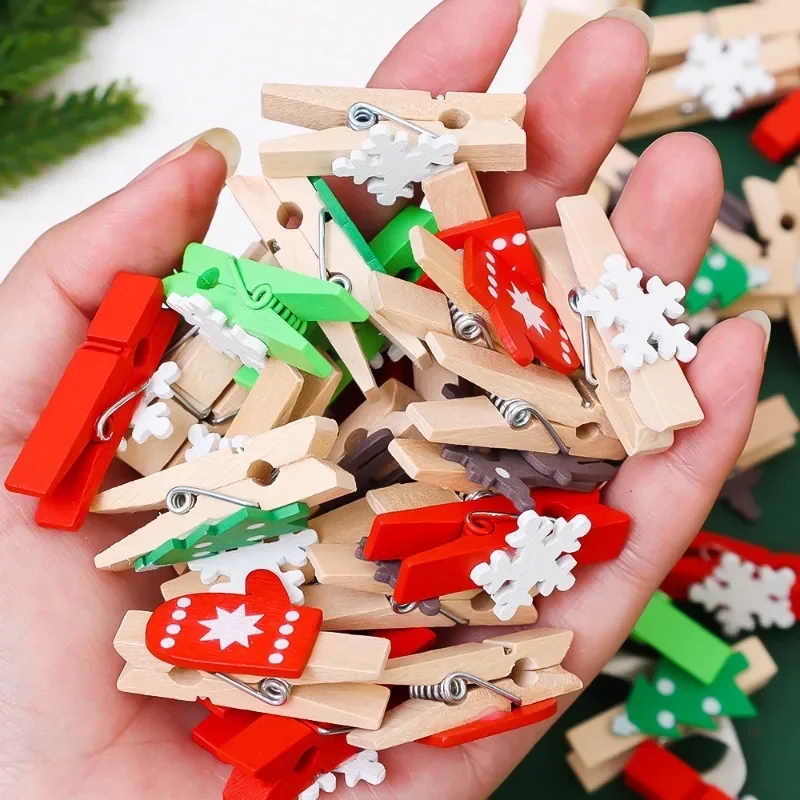 10/50PCS Mixed Christmas Wood Clips Xmas Tree Photo Clip Snowflake Deer Cartoon Wood Sticker DIY Christmas Pegs Handicraft Decor