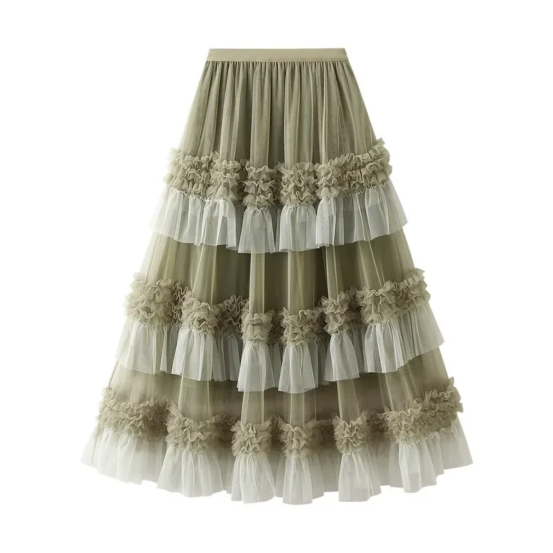 2024 Autumn and Winter New Color Scheme Fashionable Dress for Women Big Swing Yarn Skirt Sweet Lace Pleated Edge Dancing Skirt